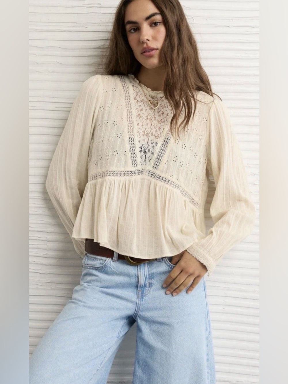 American Eagle Outfitters Cream Lace Peasant Blouse Western Festival